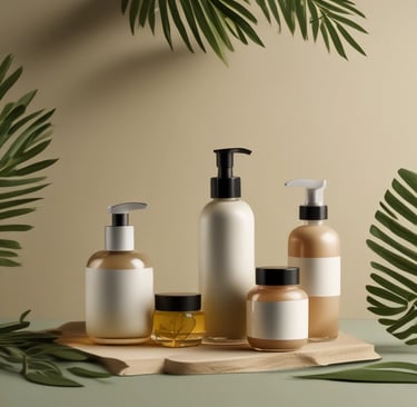 A collection of skincare products is artfully arranged on an olive green backdrop. Several cylindrical bottles and jars, some with labels, are prominently displayed. A large leaf is being held above the setup, adding a natural, organic element. Small rocks and green gummies are scattered around, enhancing the aesthetic presentation.