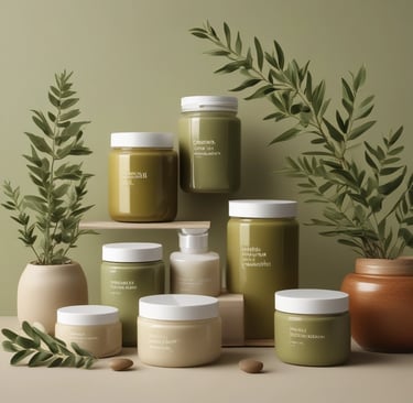 A collection of beauty and skincare products is arranged on a surface, including bottles of oils and serums, cosmetics like lipstick and blush, makeup brushes in a holder, and a lit black candle adding ambiance. The setup is accompanied by cotton swabs, emphasizing a self-care or beauty routine theme.