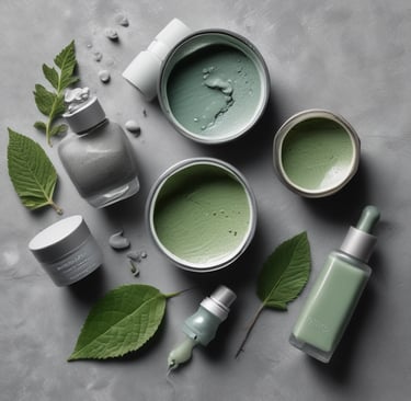 Skincare com produtos verdes em textura cremosa, frascos de sérum, máscaras faciais e folhas naturai