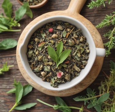 Vista de cima de uma tigela de cerâmica branca cheia de chá de ervas orgânico a granel e ervas verde