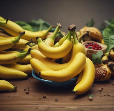 Cacho de bananas amarelas maduras e frescas em uma tigela azul sobre uma mesa rústica de madeira, ac
