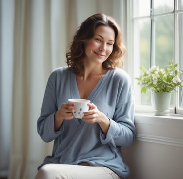 mulher sentada no parapeito de uma janela segurando uma xícara, em ambiente iluminado por luz natura