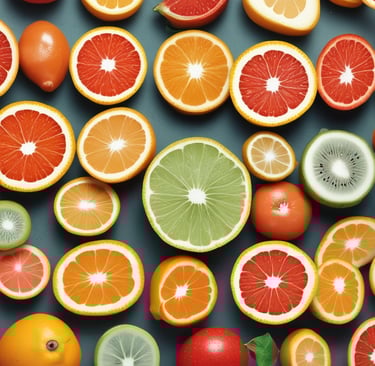 Vista superior de fatias de frutas cítricas frescas, incluindo laranjas, toranjas (grapefruits) e li