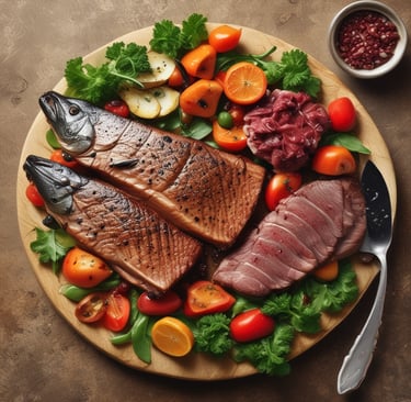 **Bandeja gourmet com filés de salmão grelhados, bife fatiado e legumes frescos sobre uma tábua de m