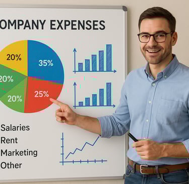 a man in a blue shirt is pointing at a chart of graphs on a white
