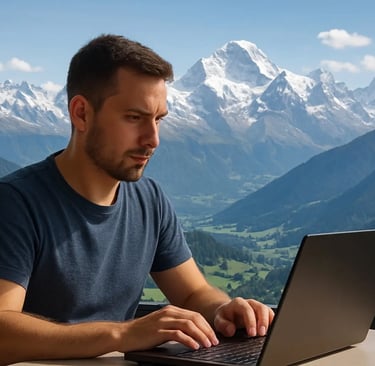 a man sitting at a table with a laptop computer