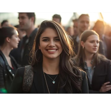 a woman in a black jacket and a man in a suit and tie
