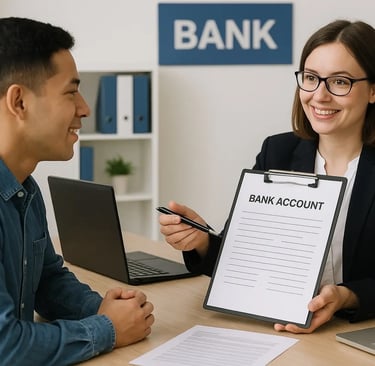 a man and woman sitting at a desk with a clipboard in bank
