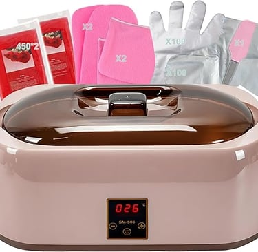 a wax waxing machine with a pink glove and gloves