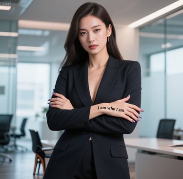 an elegan executive woman with a tattoo on her arm