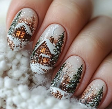 a woman's hand painted christmas nail art with a house in the snow