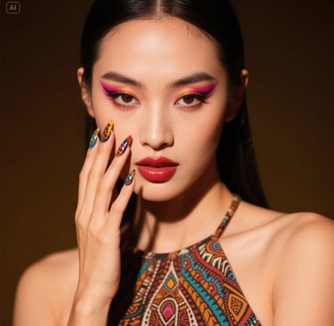 a woman with a colorful manicure and a colorful manicure