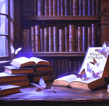 Books, art supplies, butterflies - peaceful creative studio.