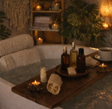 Self-care journal scene of a bathtub prepared with candles for a quiet evening at home