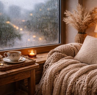 Self-care journal scene of a warm indoor space with a blanket and candle