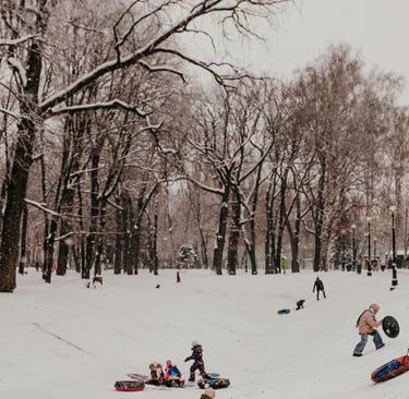Slow living journal scene of people walking through a snowy park path