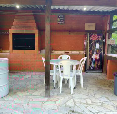 area gourmet ao lado da piscina, com churrasqueira, geladeira, bancada e pia