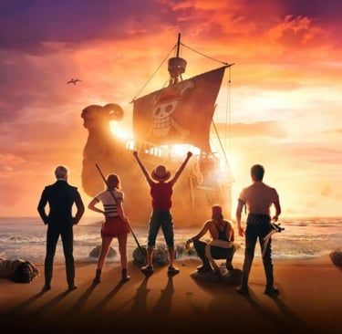 Personagens de One Piece de costas para a câmera, comemorando na praia ao pôr do sol.