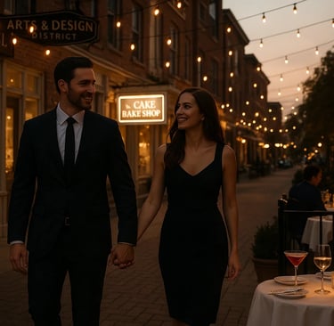 well dressed man and woman on an evening stroll