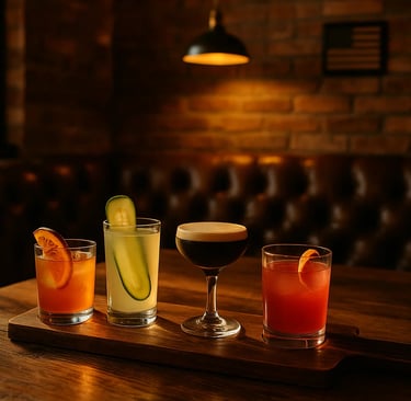 flight of signature cocktails in a dimly lit corner booth