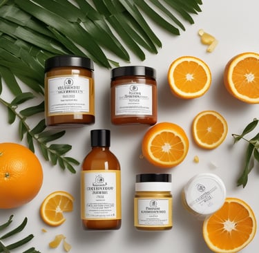 A set of orange-themed beauty products, including a soap box and a bottle labeled 'Brightening C+ with Glutathione', is surrounded by fresh oranges and red petals. The scene is set against a textured light background, creating a vibrant and fresh atmosphere.
