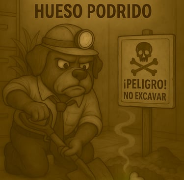 Ilustración de un perro con casco de minero a punto de desenterrar un hueso que brilla de forma sosp