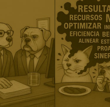 Ilustración satírica en tonos sepia dividida en dos paneles. A la izquierda, dos perros con traje y