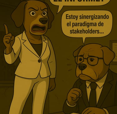 Caricatura que ilustra una táctica de supervivencia en la oficina. Una jefa furiosa exige resultados