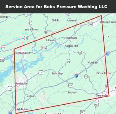 Service area map for Bobs Pressure Washing in Bulls Gap, Rogersville, Bean Station, Morristown, Whitesburg, White Pine, TN