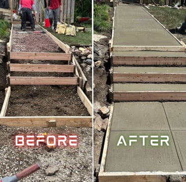 a man is building a concrete walkway with concrete steps