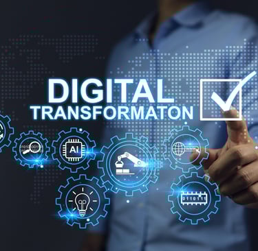 a man in a blue shirt is pointing at a digital interface
