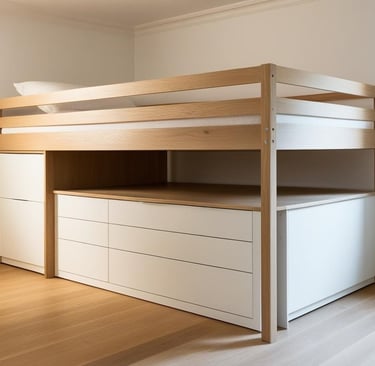 a bunk bed with a desk and storage