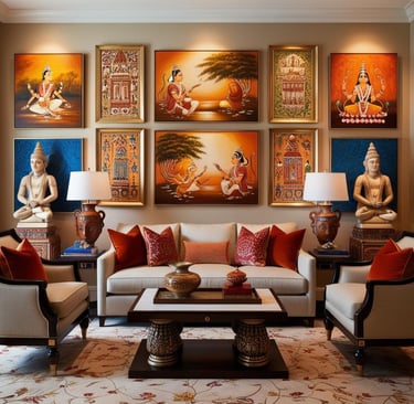 a living room with a couch and a table