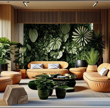 a living room with a couch and a plant