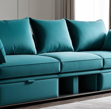 a couch with a blue couch and pillows with in built storage