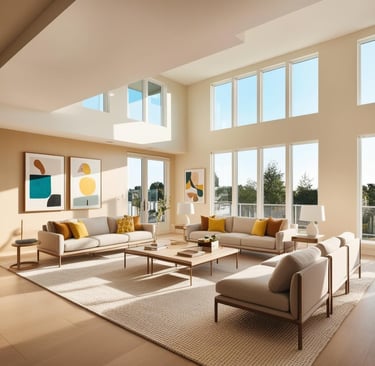 a living room with a large window and a couch