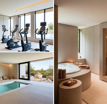a room with a bathtub and a gym room
