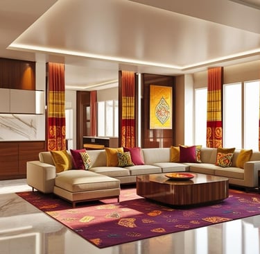 a living room with a couch and a rug