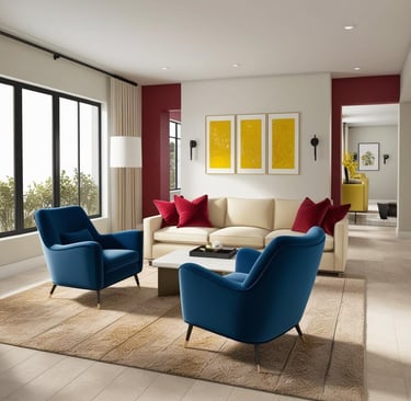 a living room with a couch and chairs