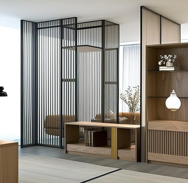 book shelf partitions in living room