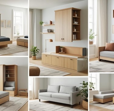 a collage of a living room with a couch and a bed space saving furniture