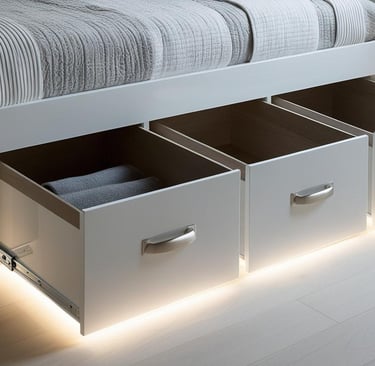 a bed with drawers underneath a bed with drawers and led lights