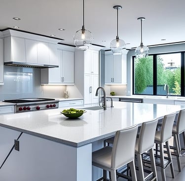 a kitchen with a bowl of fruit on the counter