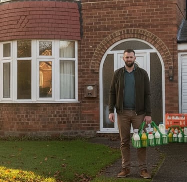 Local milkman James Dawson delivering glass bottles of milk to a customer’s doorstep