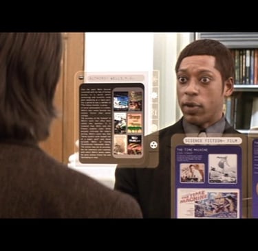 Scene from The Time Machine (2002) movie. AI library and human interacting