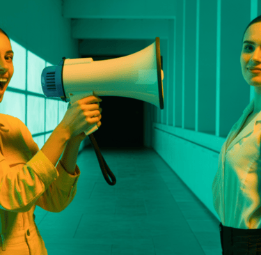 A woman using a megaphone to amplify her voice, representing audiobook narration and the AI vs human