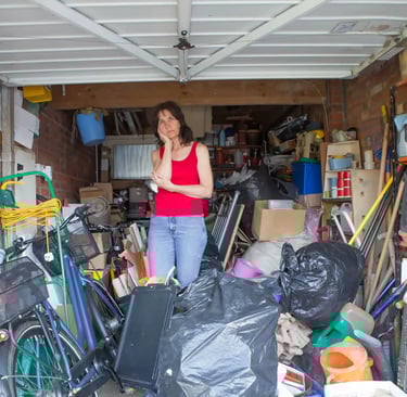woman flustered in packed garage
