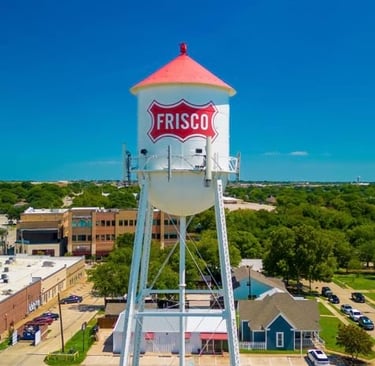 water tower in downtown Frisco, TX