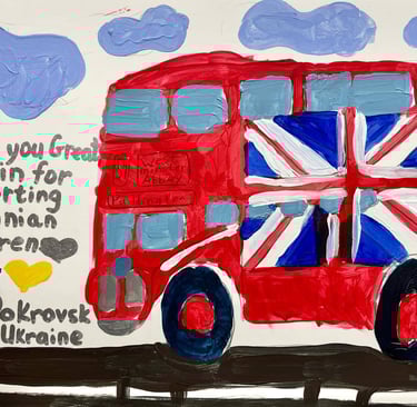 painting of a British bus