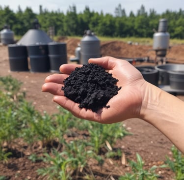 a person holding a handful of Biochar in their hands
